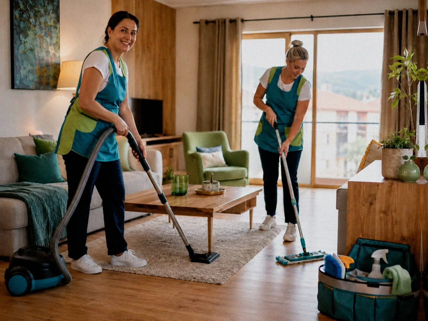 Eingespieltes Favorent-Reinigungsteam reinigt gemeinsam eine Ferienwohnung