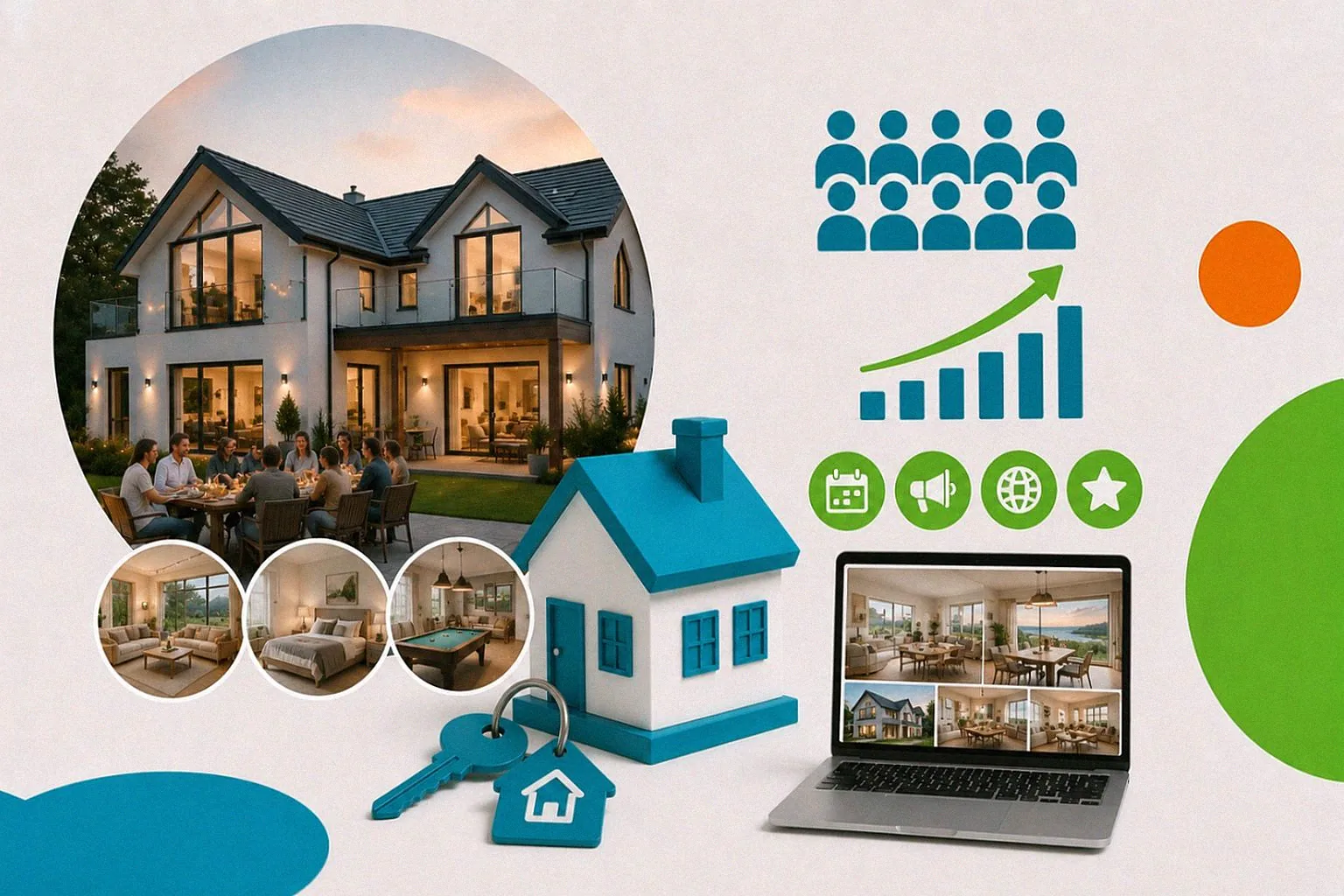 Ein großes Ferienhaus mit Gästen und Favorent-Verwaltungssymbolen für eine professionelle Ferienhausverwaltung.