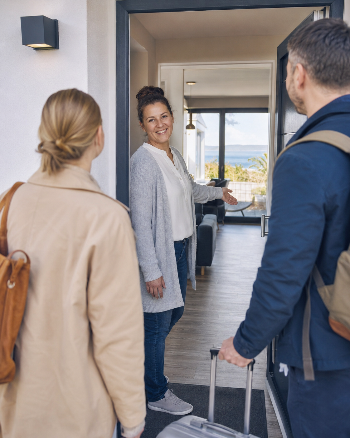 Vor-Ort-Team von Favorent an einer Ferienwohnung auf Mönchgut