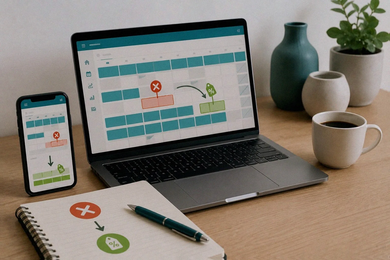 Laptop und Smartphone zeigen einen Belegungskalender zur Verwaltung einer Ferienwohnung durch Favorent.