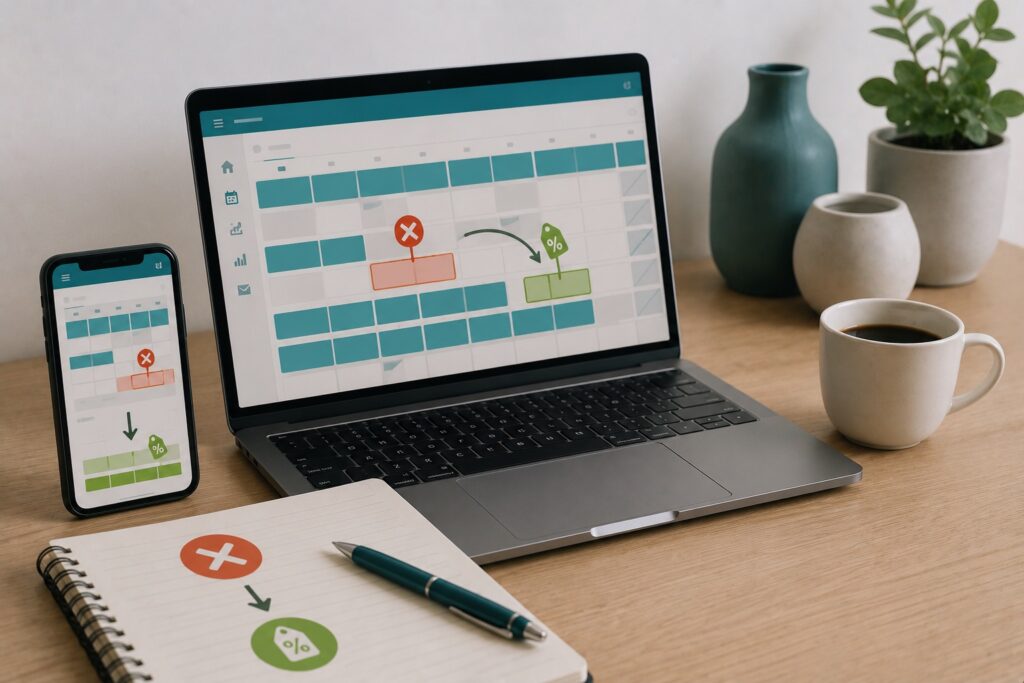Laptop und Smartphone zeigen einen Belegungskalender zur Verwaltung einer Ferienwohnung durch Favorent.