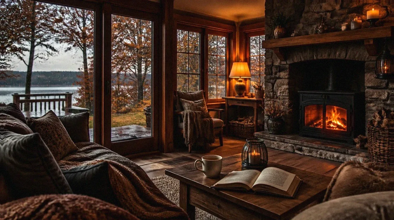 Gemütliches Ferienhaus mit Kaminfeuer an einem Regentag