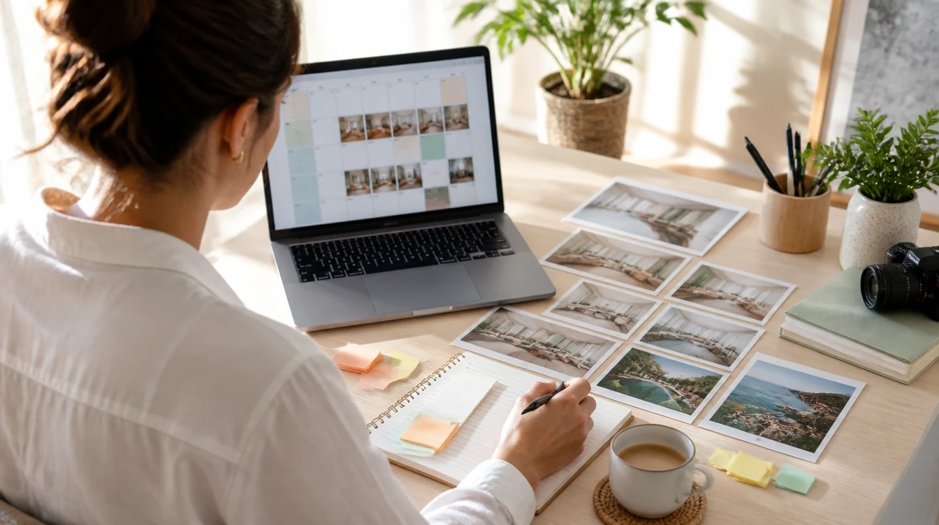 Arbeitsplatz mit Redaktionsplan und ausgedruckten Motiven für einen Social-Media-Kanal