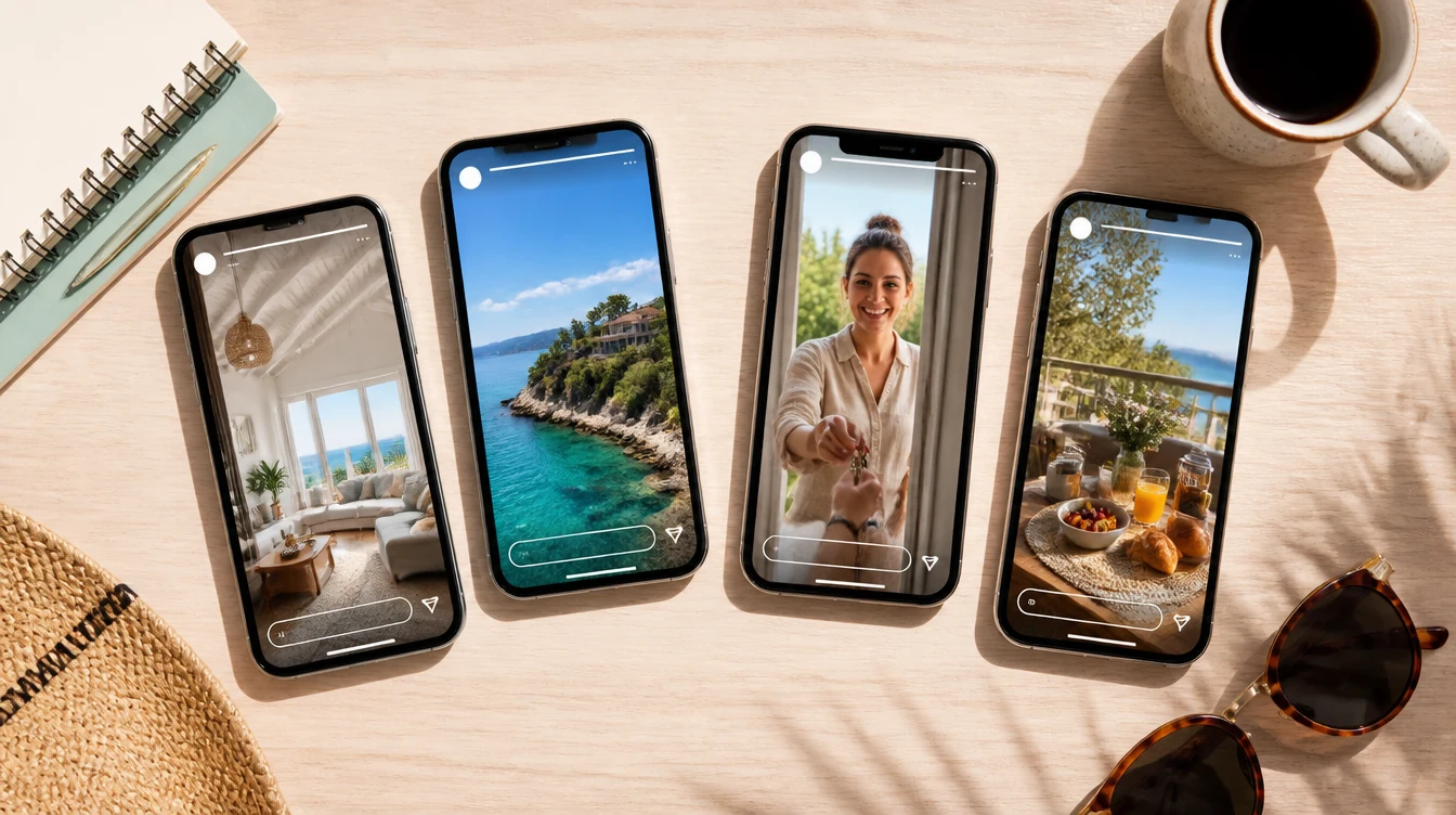 Vier Smartphones mit kurzen Videobeiträgen zu einer Ferienunterkunft