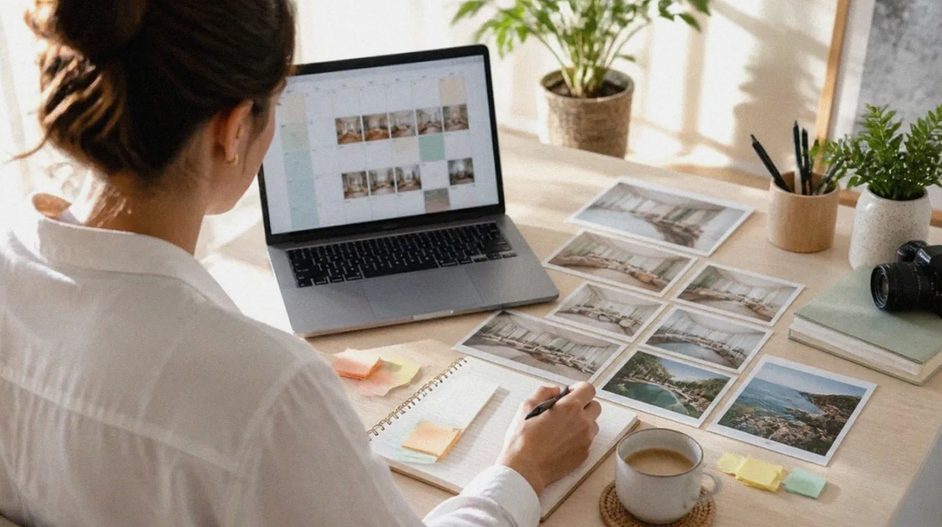 Arbeitsplatz mit Redaktionsplan und ausgedruckten Motiven für einen Social-Media-Kanal