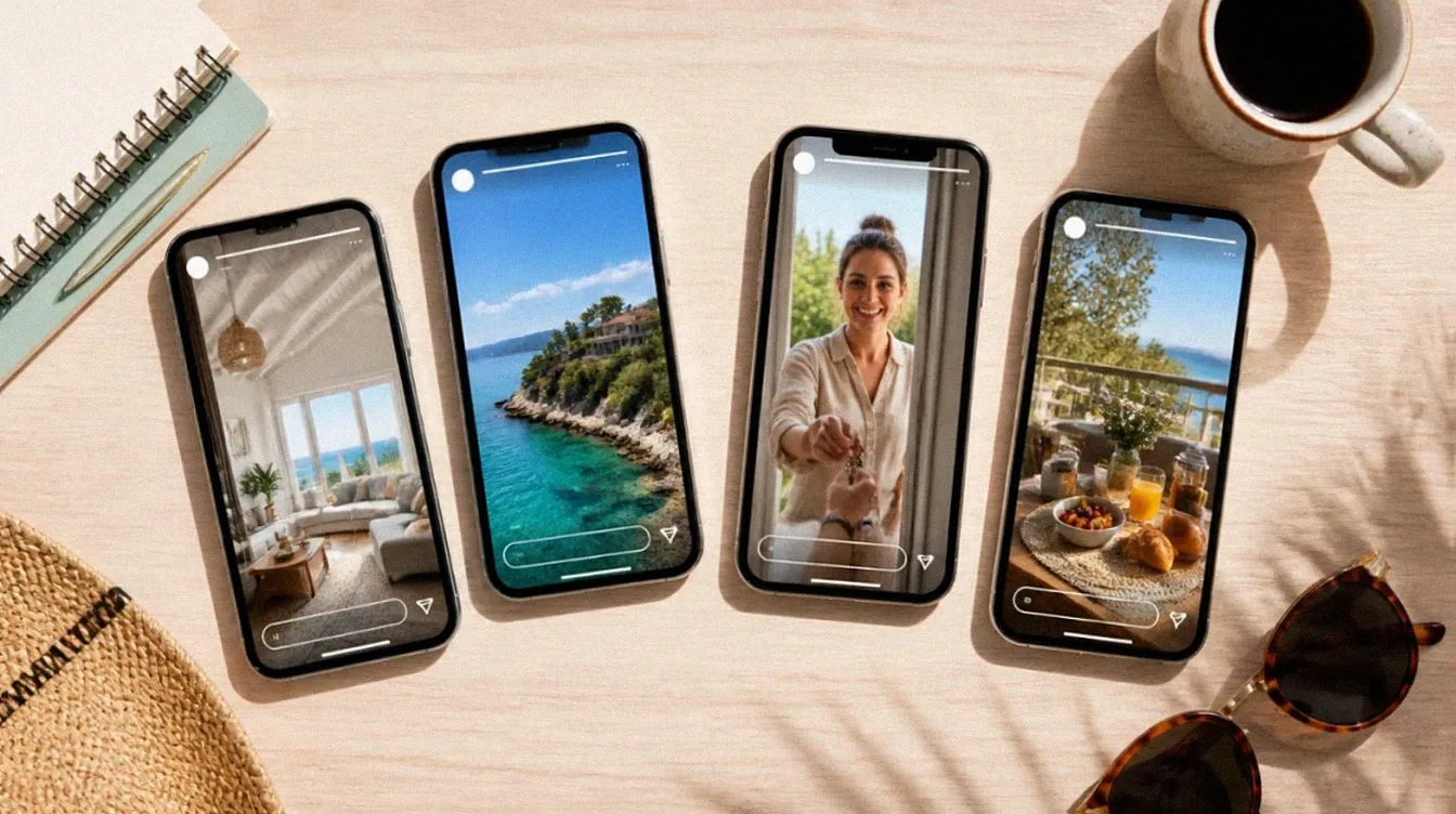 Vier Smartphones mit kurzen Videobeiträgen zu einer Ferienunterkunft