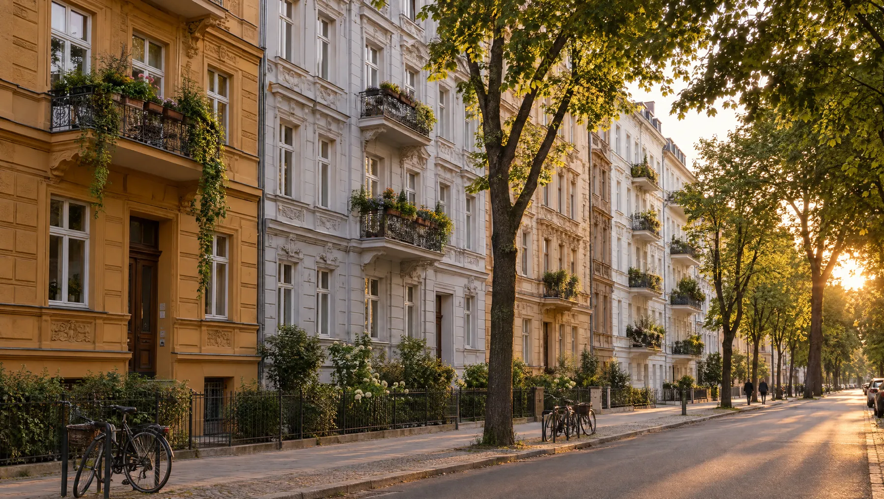 Straßenzug mit sanierten Gründerzeithäusern in Ocker, Grau und Creme, Balkone mit Pflanzen, Linden und Fahrräder im Abendlicht.