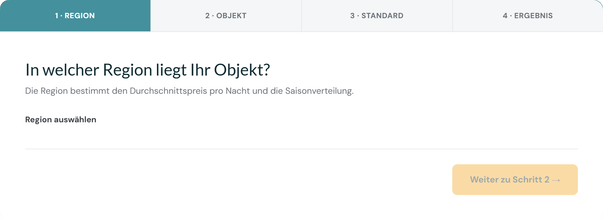 Erster Schritt des Ertrags-Rechners auf favorent.de mit der Frage nach der Region