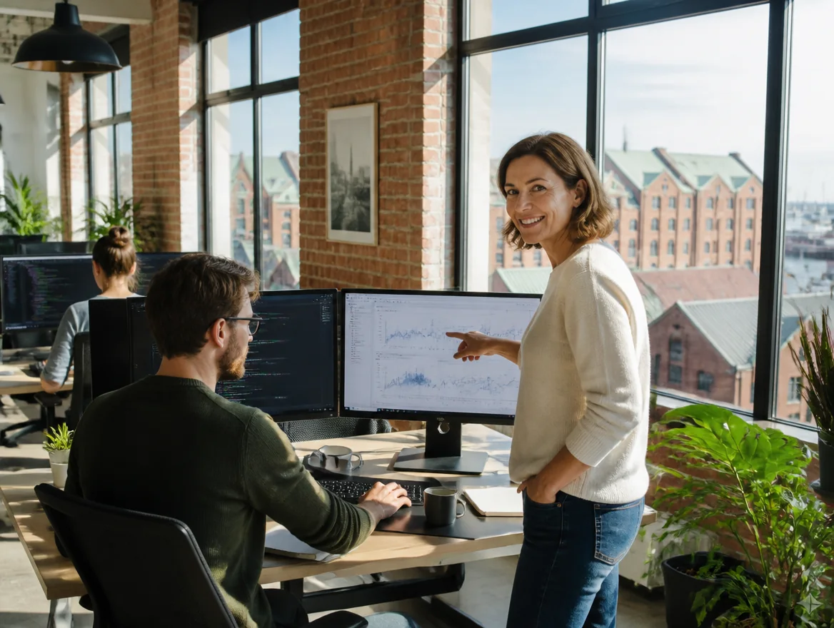 Entwicklerteam bei der Arbeit an Bildschirmen in einem hellen Büro