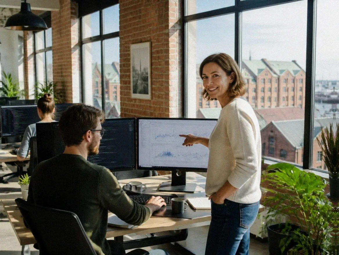 Entwicklerteam bei der Arbeit an Bildschirmen in einem hellen Büro