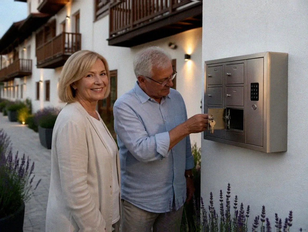 Fächertresor im Eingangsbereich einer Ferienanlage mit mehreren Wohnungen