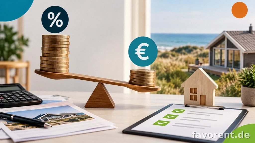 Favorent Ferienhausverwaltung: Holzwippe mit Münzstapeln, Prozent- und Euro-Symbol vor Küstenhaus.