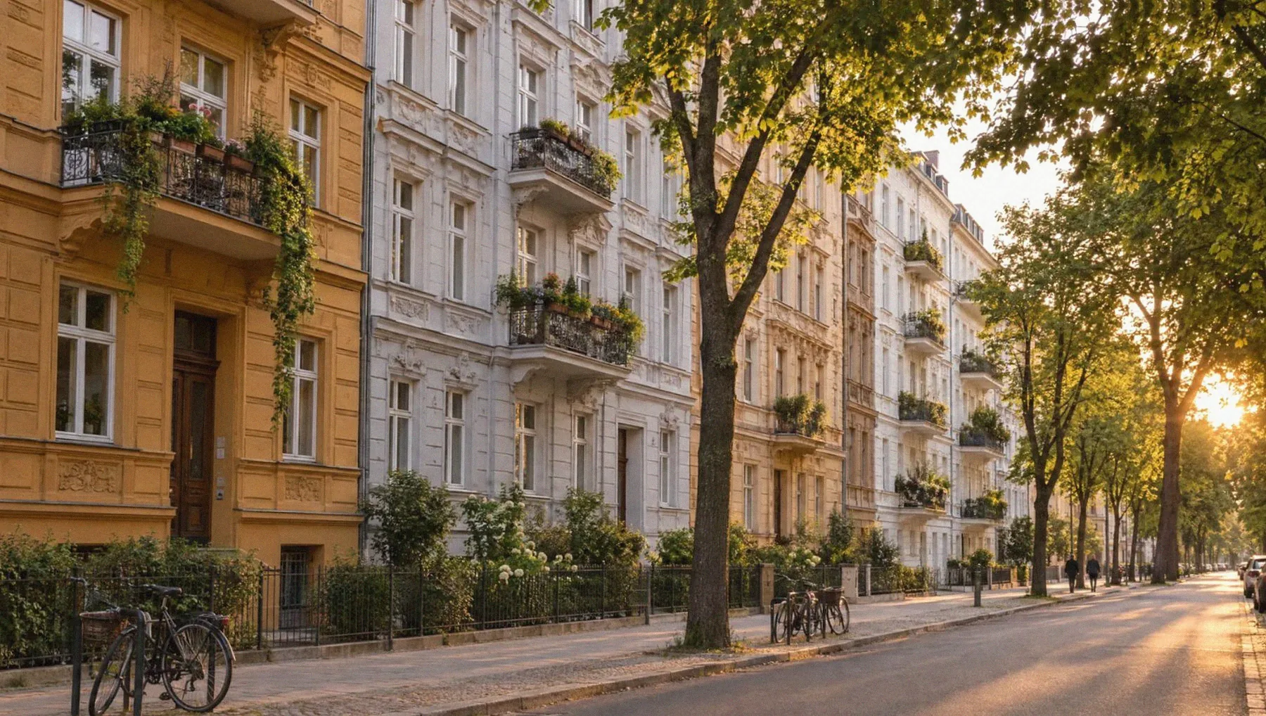 Straßenzug mit sanierten Gründerzeithäusern in Ocker, Grau und Creme, Balkone mit Pflanzen, Linden und Fahrräder im Abendlicht.
