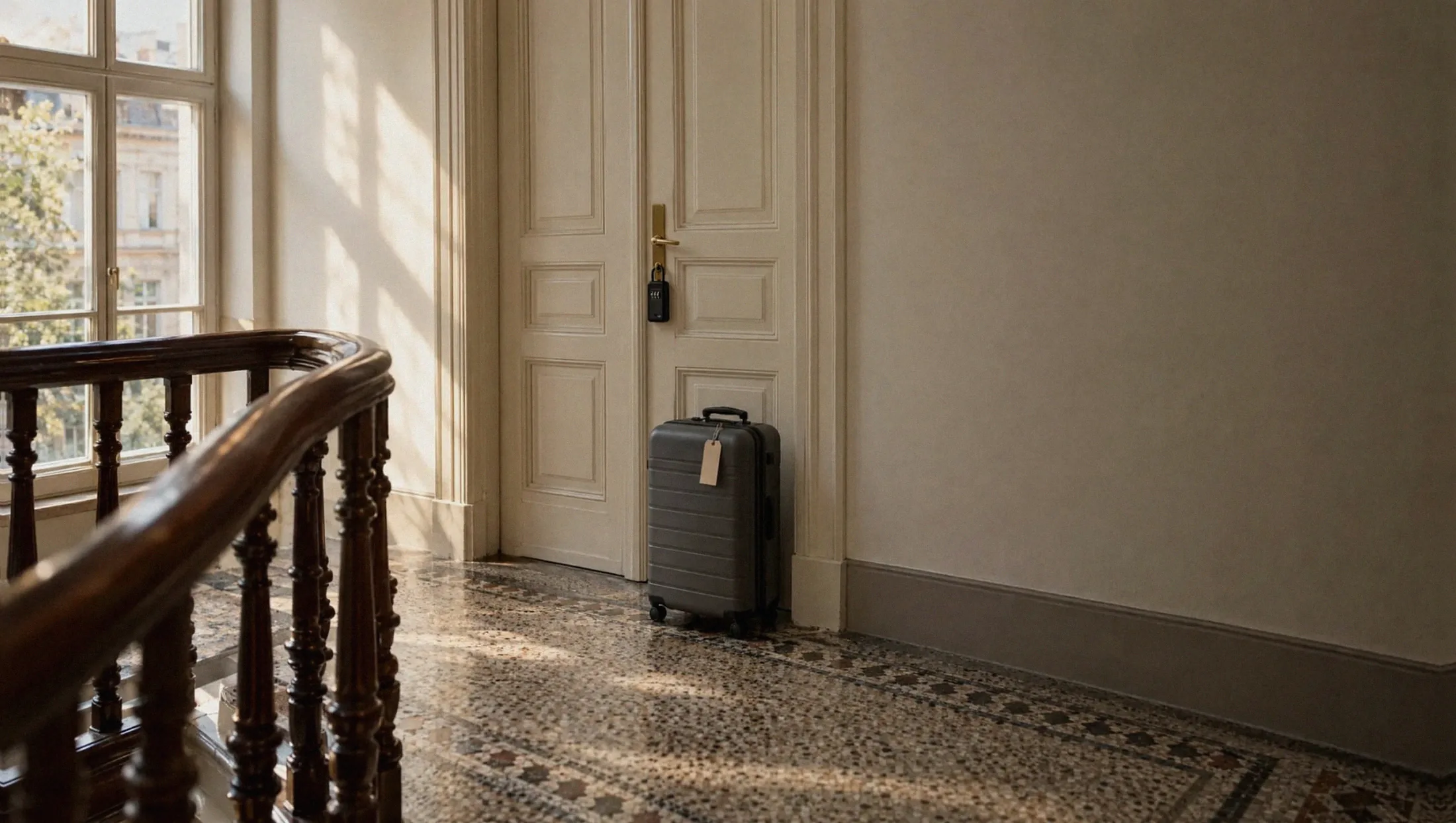 Ein grauer Hartschalenkoffer steht vor einer hohen weißen Wohnungstür in einem Berliner Altbautreppenhaus, an der Türklinke hängt eine Schlüsselbox.