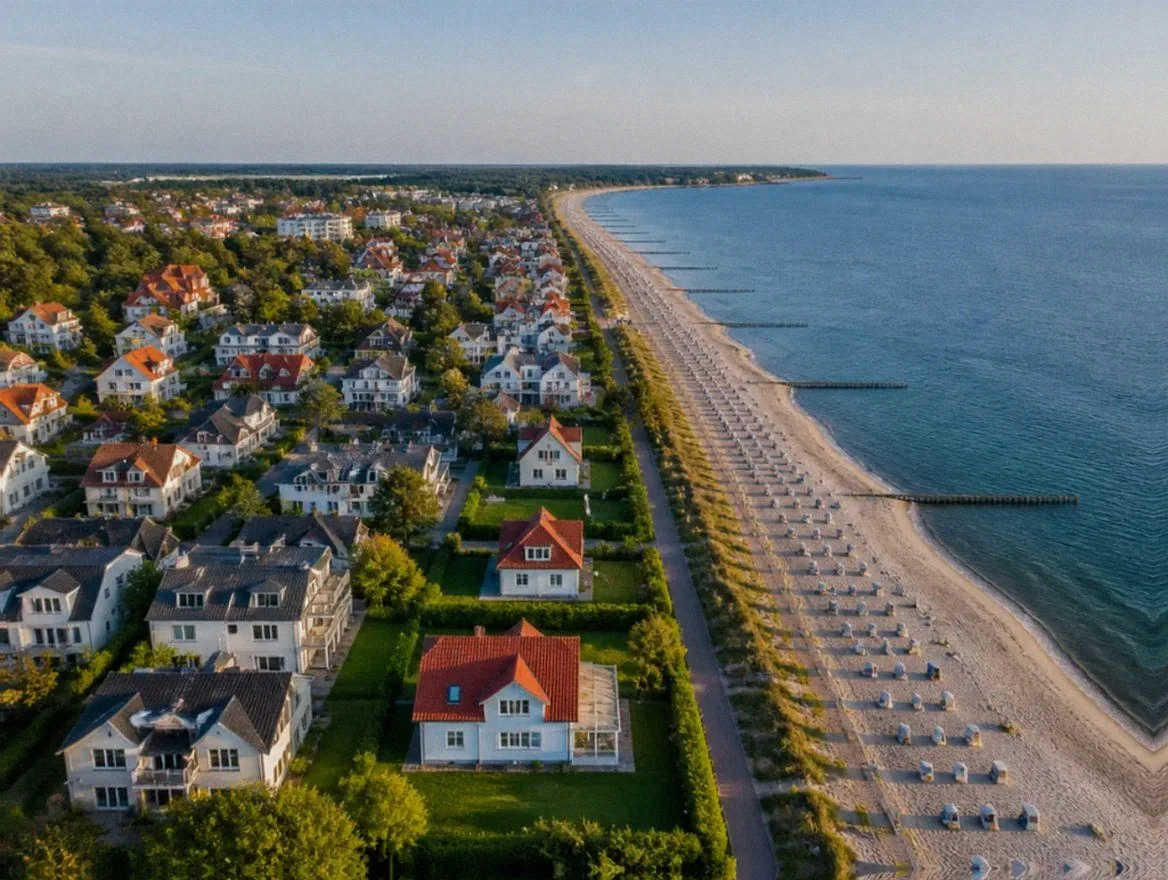 Luftaufnahme eines Ferienorts mit Strand, Häusern und Promenade