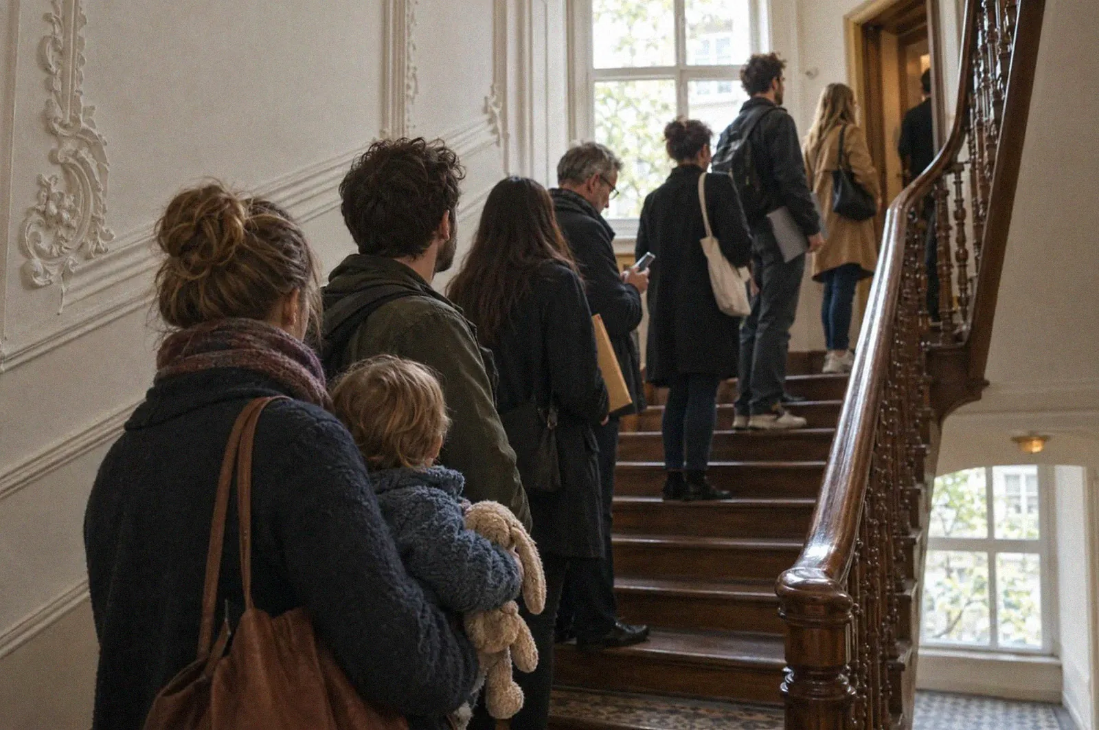 Eine Schlange von Wohnungssuchenden wartet auf der Holztreppe eines Altbaus, vorne eine Familie mit kleinem Kind, von hinten zu sehen.