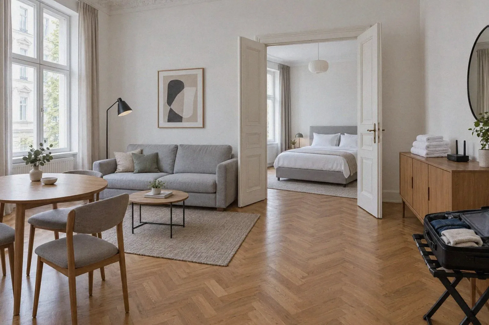 Möbliertes Apartment in einem Altbau mit grauem Sofa, rundem Esstisch, Stehlampe und Blick ins Schlafzimmer; auf der Kommode liegen frische Handtücher, daneben ein halb ausgepackter Koffer.