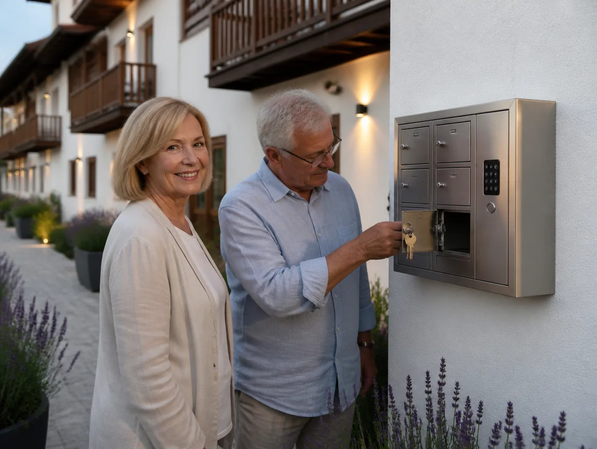 Fächertresor im Eingangsbereich einer Ferienanlage mit mehreren Wohnungen