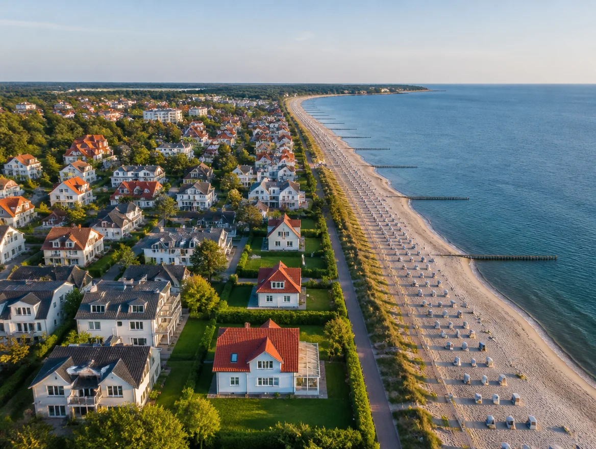 Luftaufnahme eines Ferienorts mit Strand, Häusern und Promenade