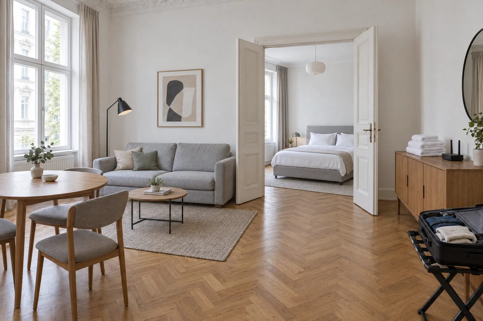 Möbliertes Apartment in einem Altbau mit grauem Sofa, rundem Esstisch, Stehlampe und Blick ins Schlafzimmer; auf der Kommode liegen frische Handtücher, daneben ein halb ausgepackter Koffer.