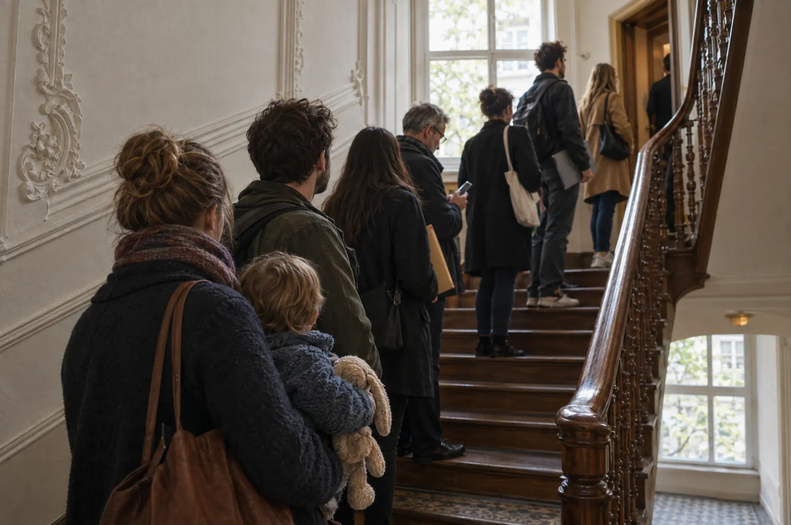 Eine Schlange von Wohnungssuchenden wartet auf der Holztreppe eines Altbaus, vorne eine Familie mit kleinem Kind, von hinten zu sehen.