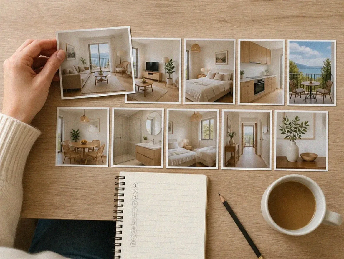 Ausgedruckte Fotos einer Ferienwohnung, in zwei Reihen auf einem Tisch sortiert