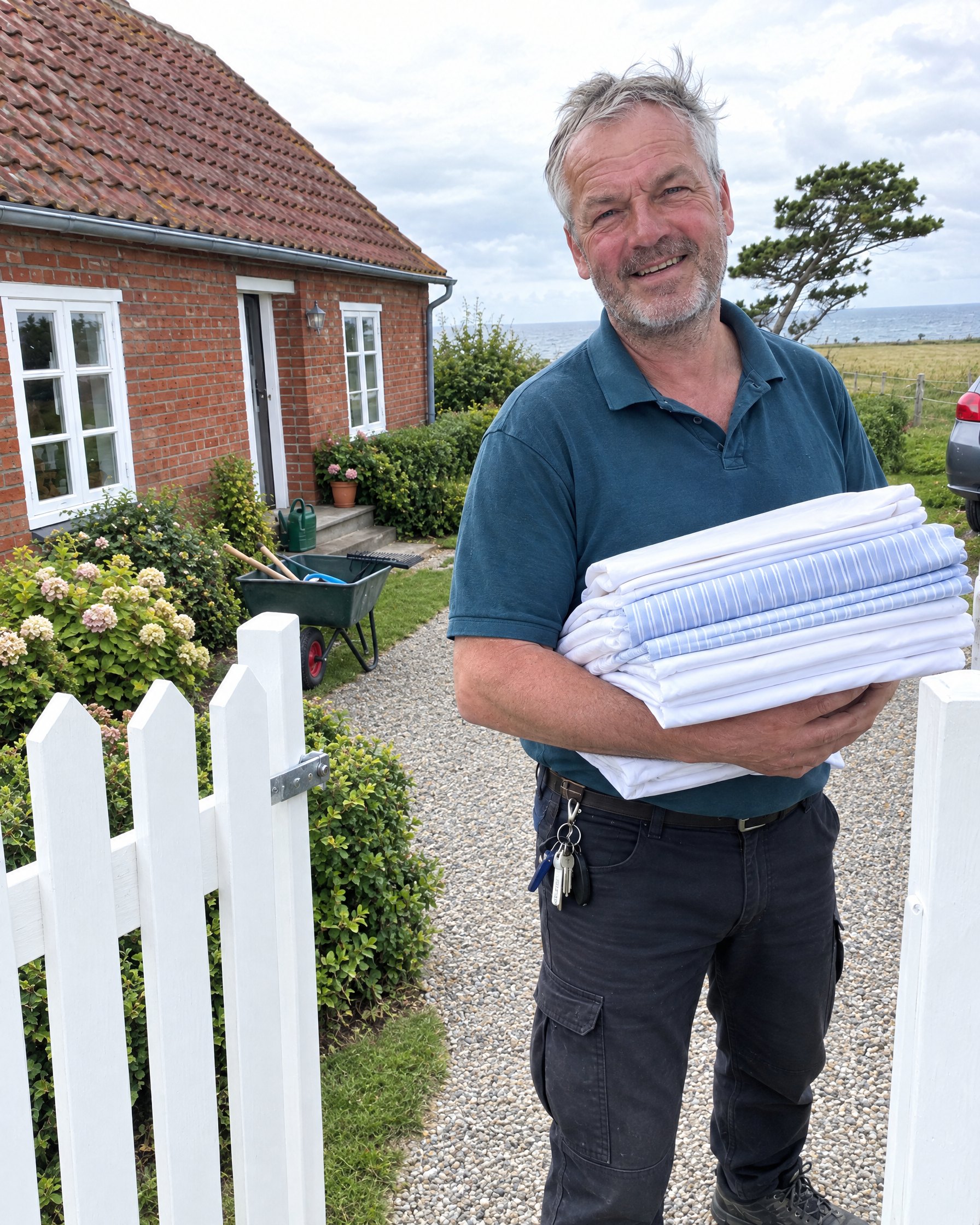 Hausmeister mit Frischwäsche am Gartentor eines Ferienhauses auf der Insel Poel