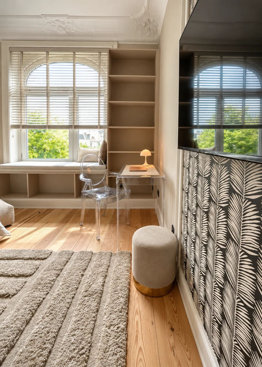 Arbeitsnische am Altbaufenster mit Schreibtisch, Leuchte und Palmenmuster an der Wand