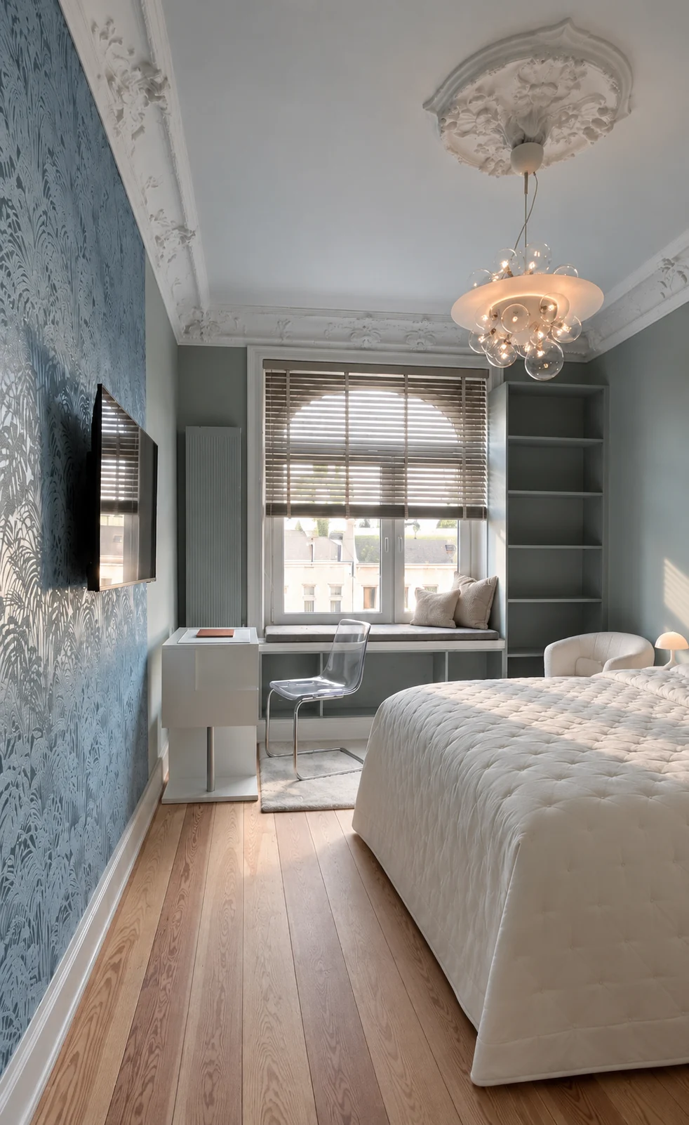 Zimmer mit blauer Mustertapete, Kronleuchter und Bett unter dem Altbaufenster