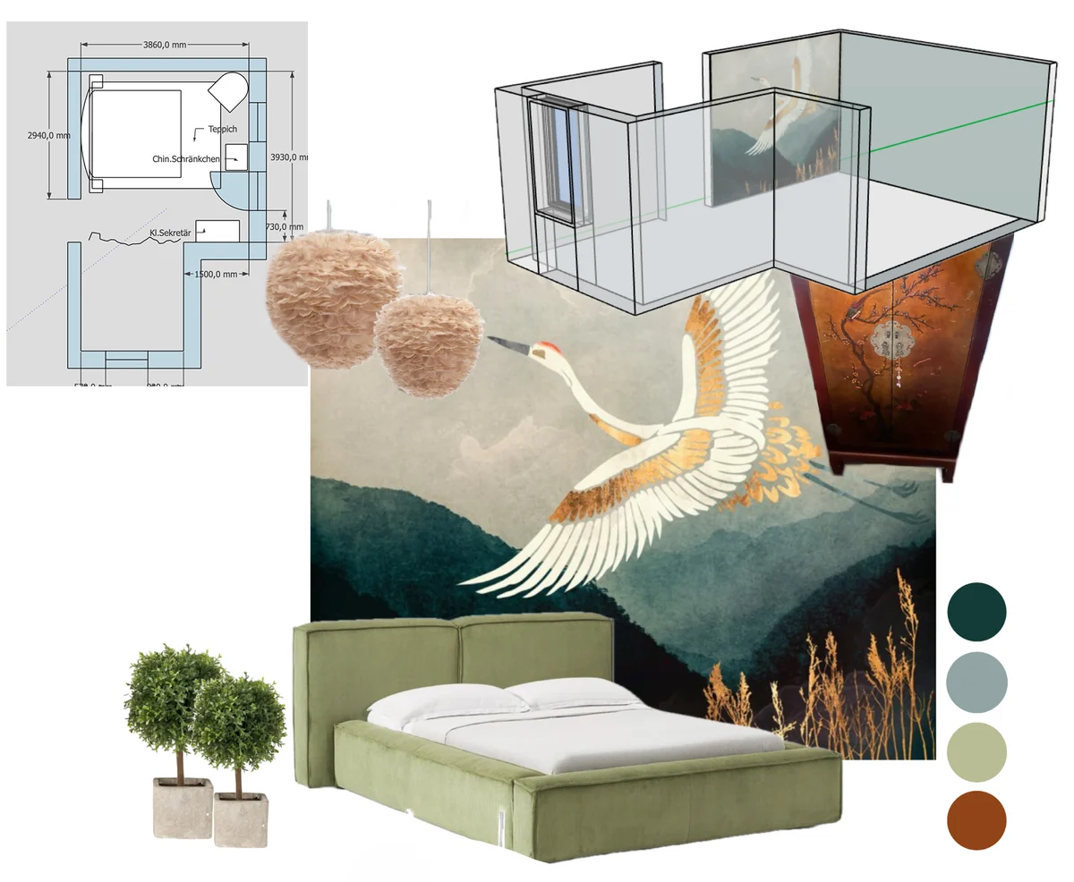 Moodboard mit Kranichtapete, grünem Bett, Grundriss, 3D-Modell und Farbmustern