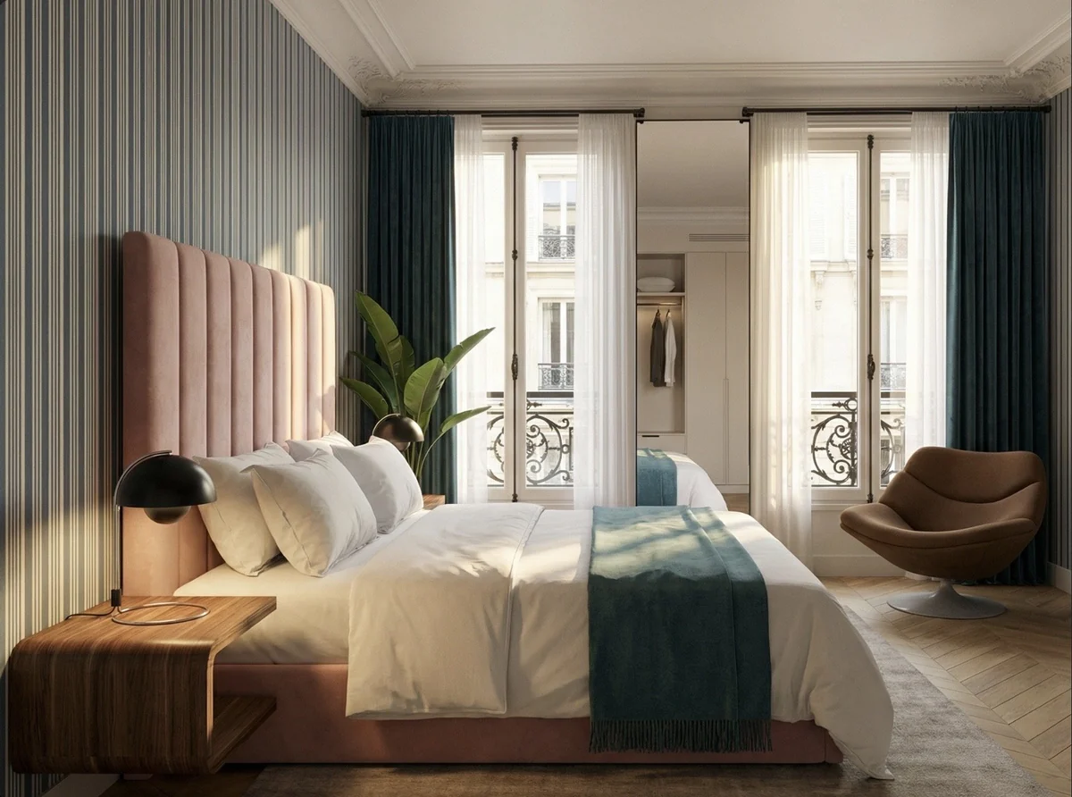 Konzeptstudie Suite Aurélie in Paris mit rosa Bettkopfteil und Altbaufenstern